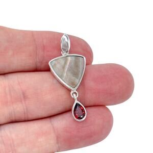 Vintage Triangle Abalone Garnet Dangle Pendant | Sterling Silver 925